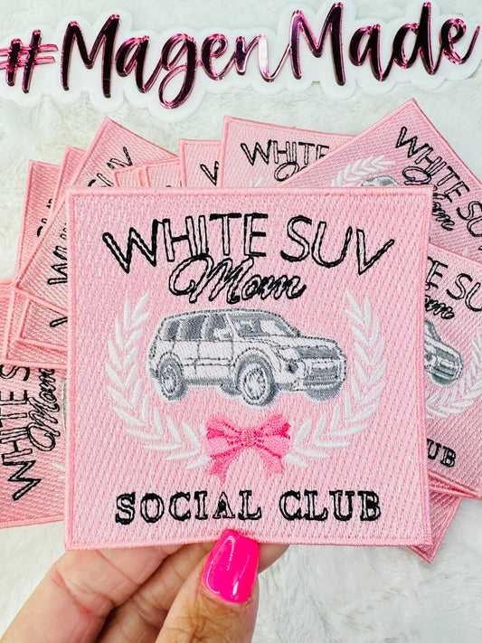 White SUV Moms Social Club Pink Embroidery Patch