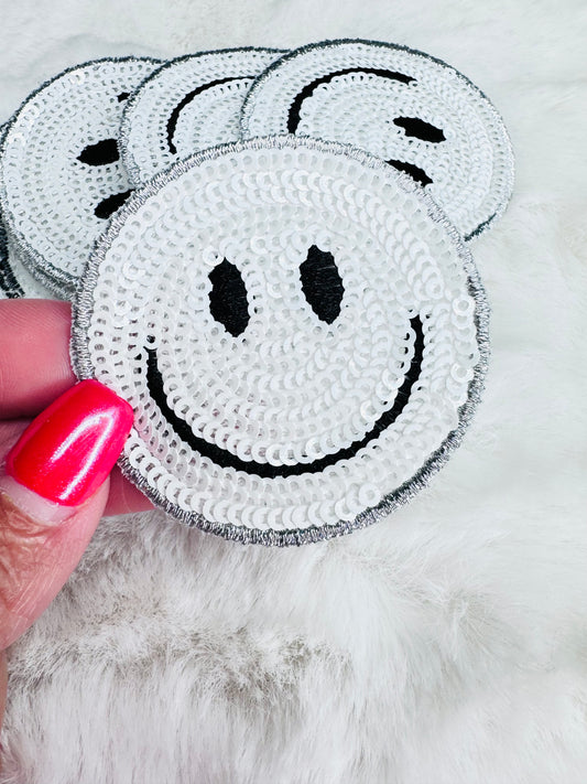 White sequin smiley face patch