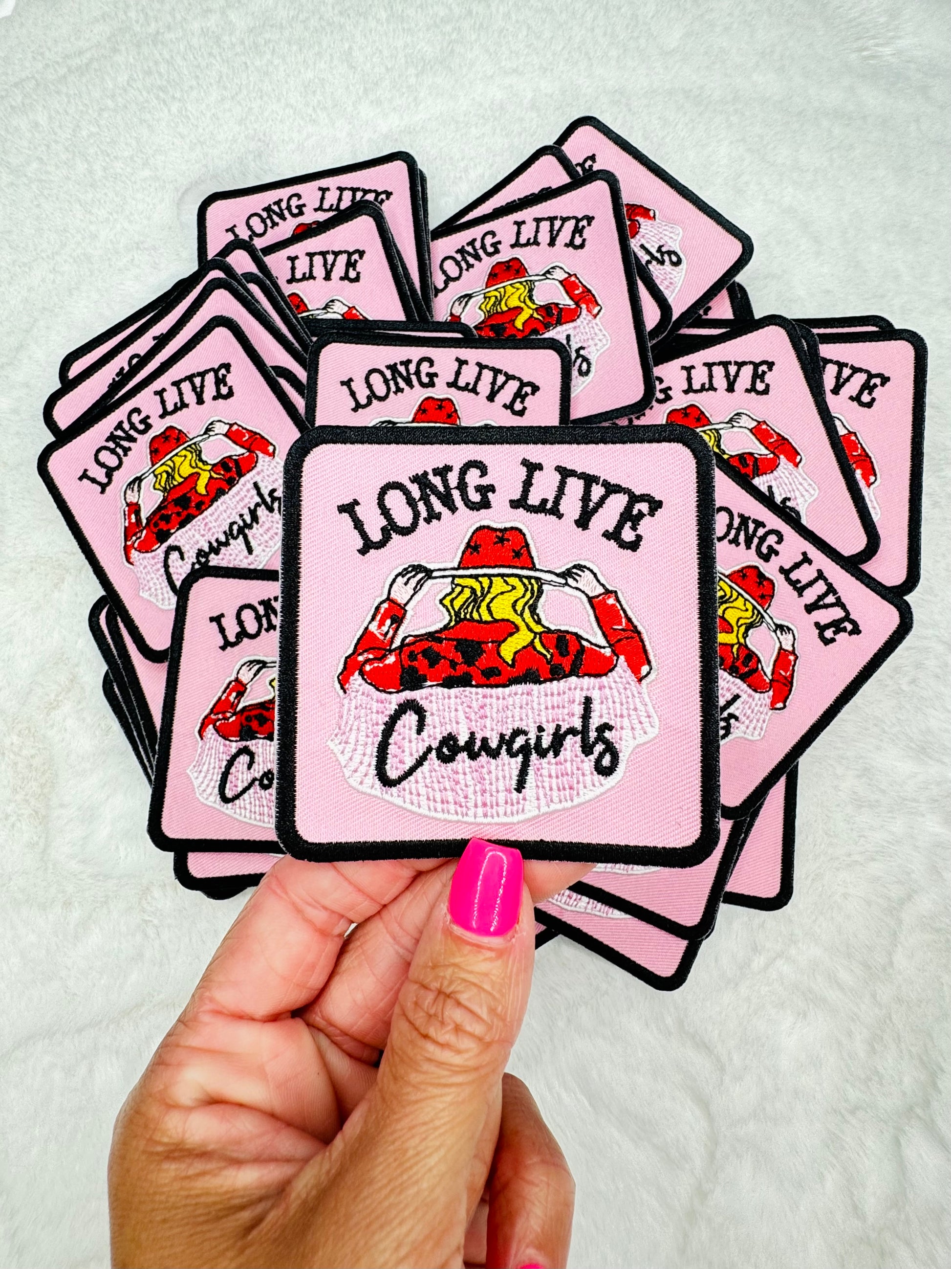 A close up of the Long Live Cowgirls Embroidered Patch