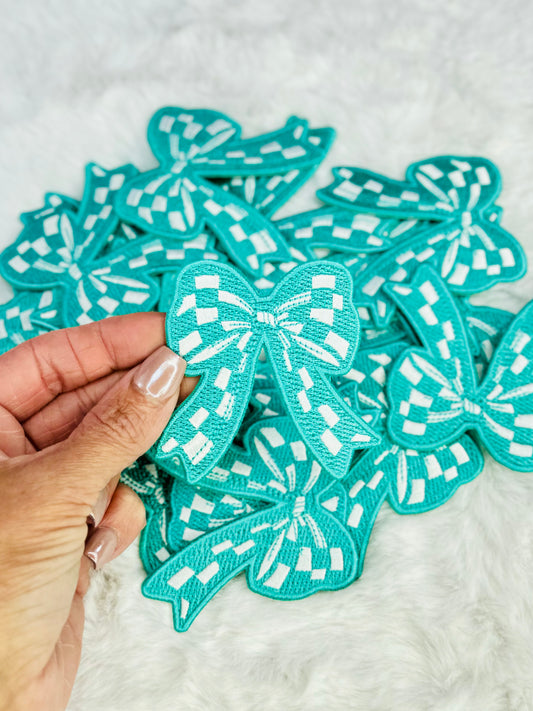 Teal and White Checkered Coquette Bow Embroidered Patch