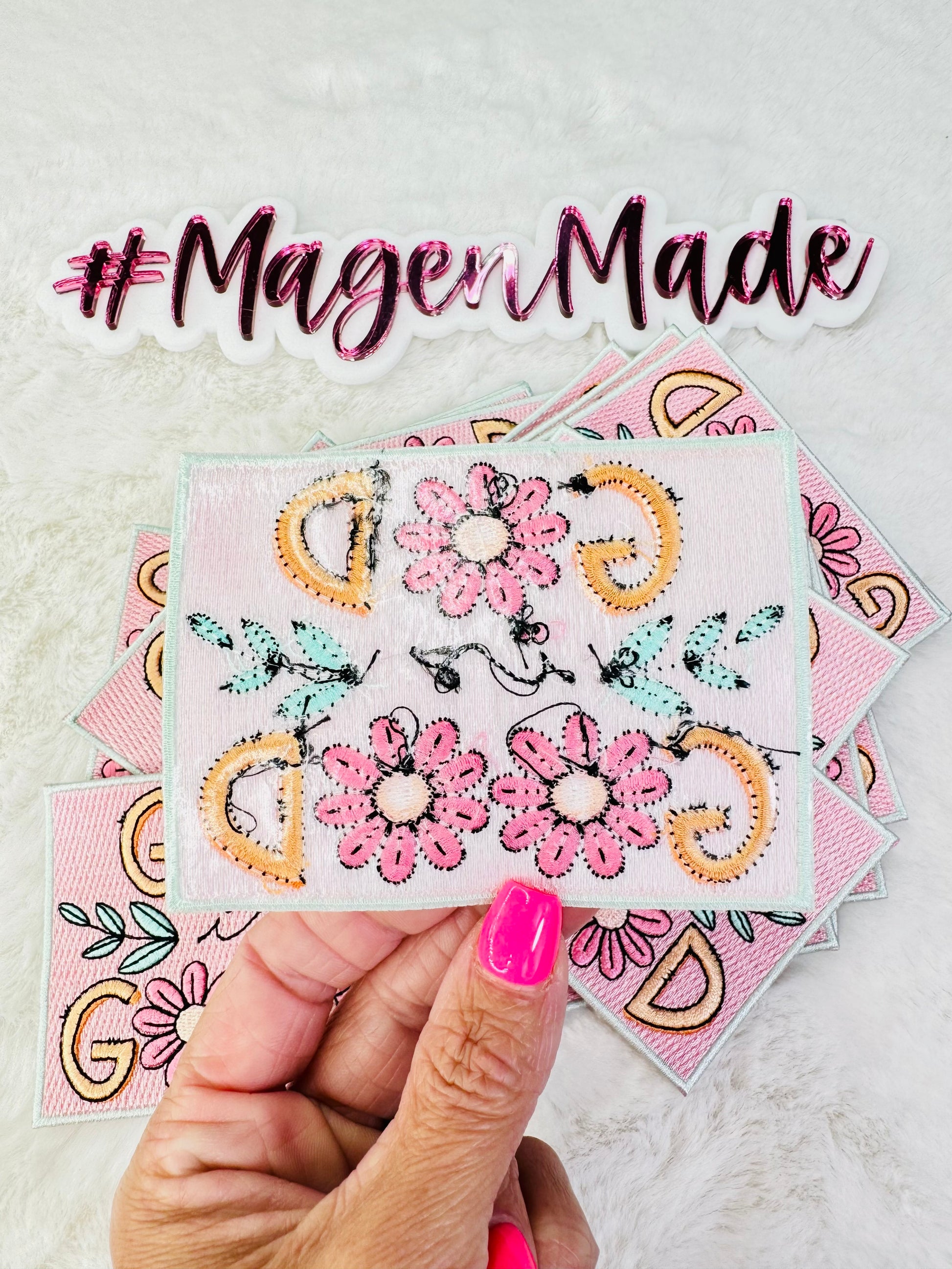 The backing adhesive on the god is good pink embroidered I don’t patch