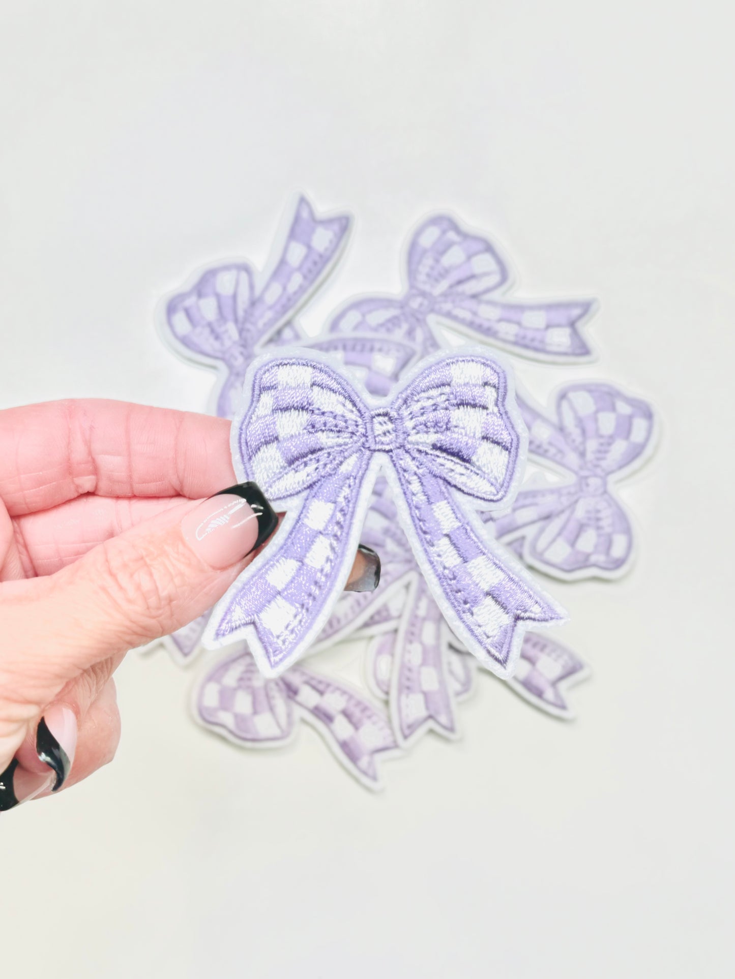 Lavender and White Checkered Coquette Bow Embroidered Patch