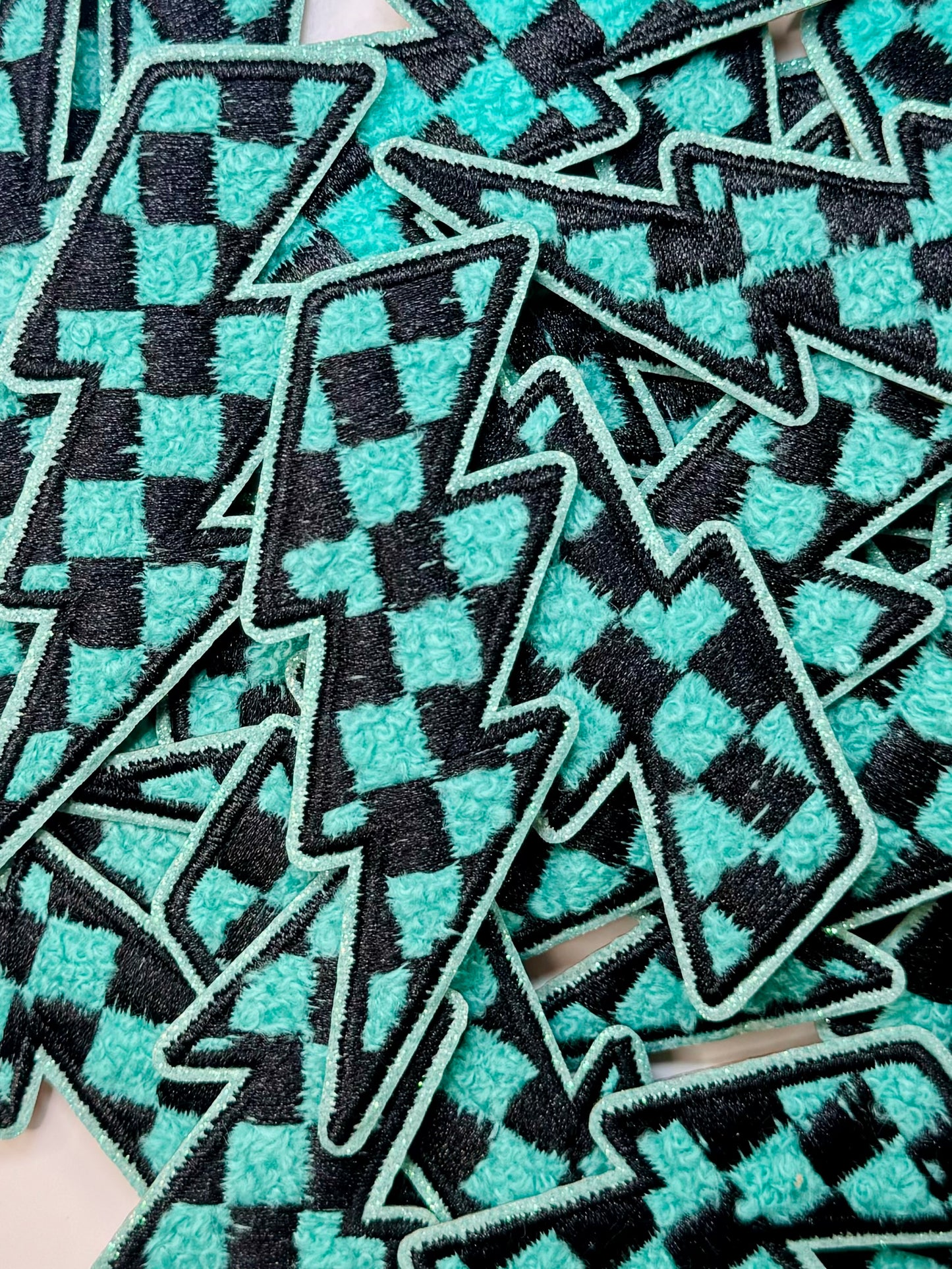 Teal & Black Checkered Lightning Bolt Embroidered Patch