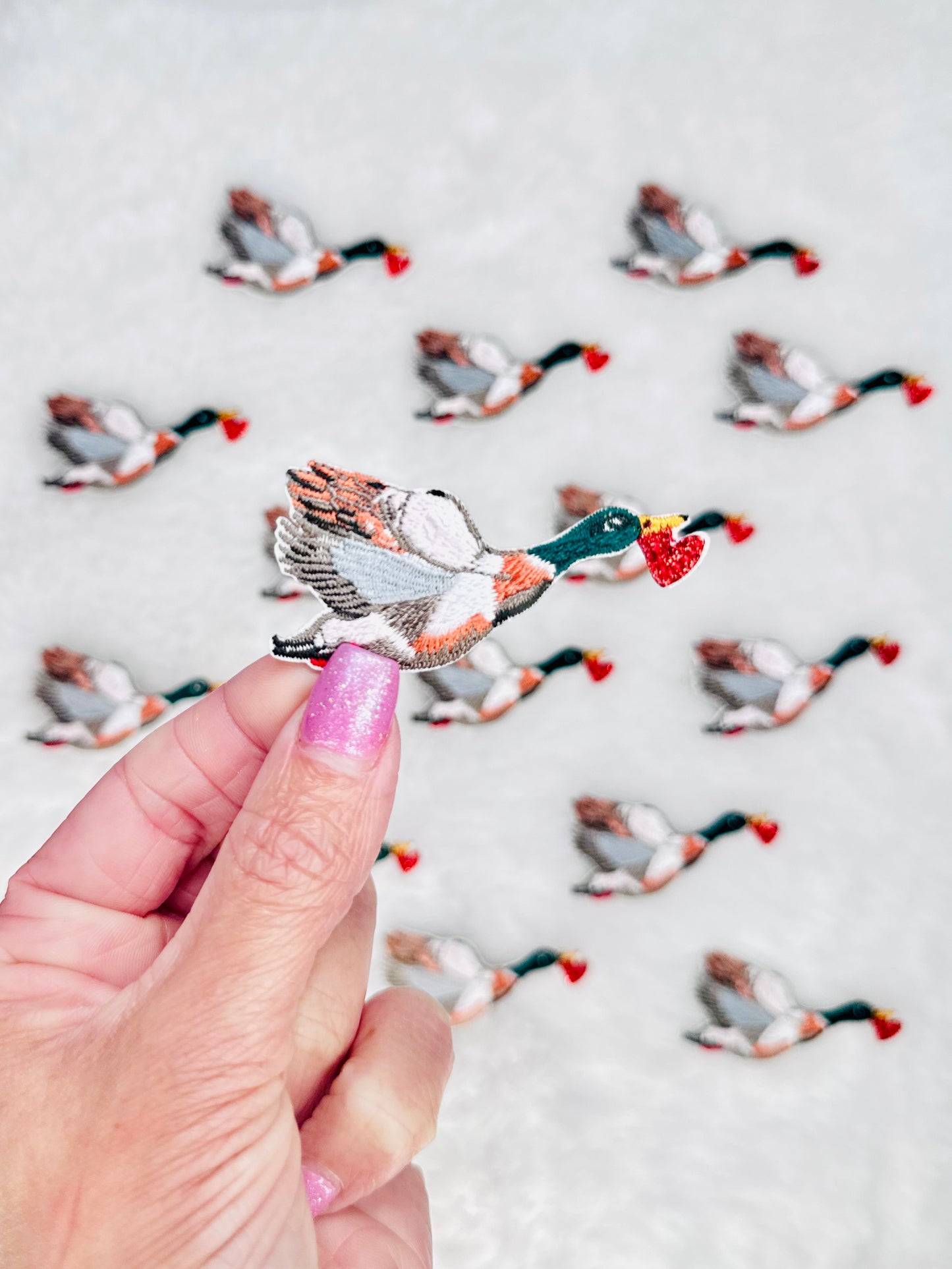 Flying Mallard Duck With Heart Embroidered Patch