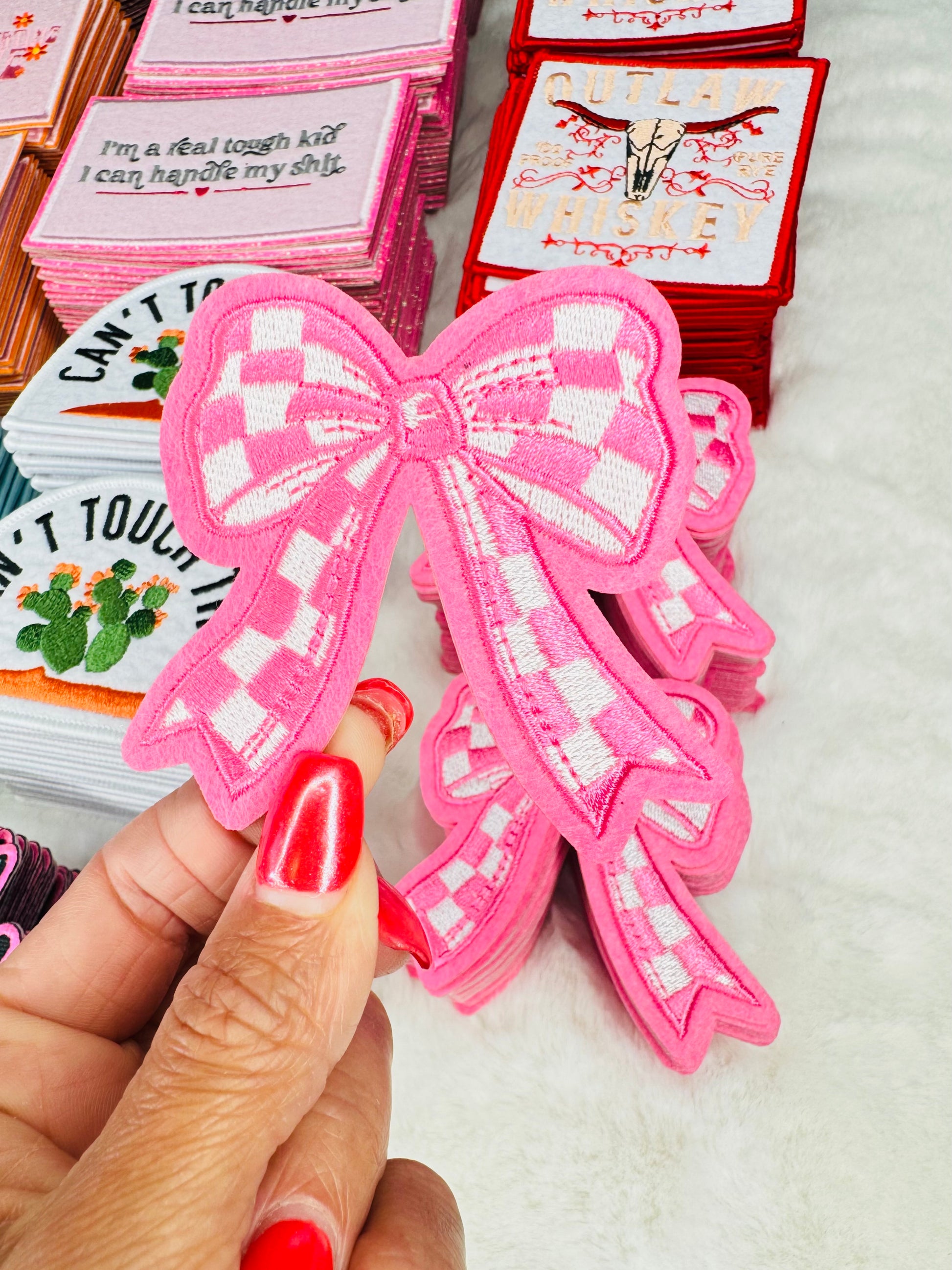 Pink Checkered Coquette Bow Embroidered Patch