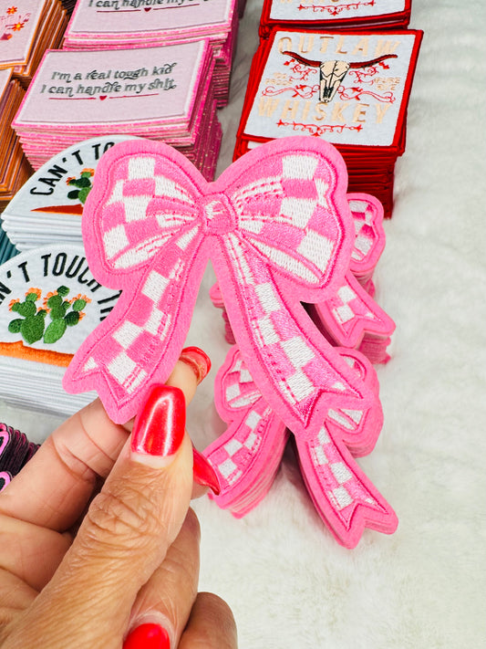Pink Checkered Coquette Bow Embroidered Patch
