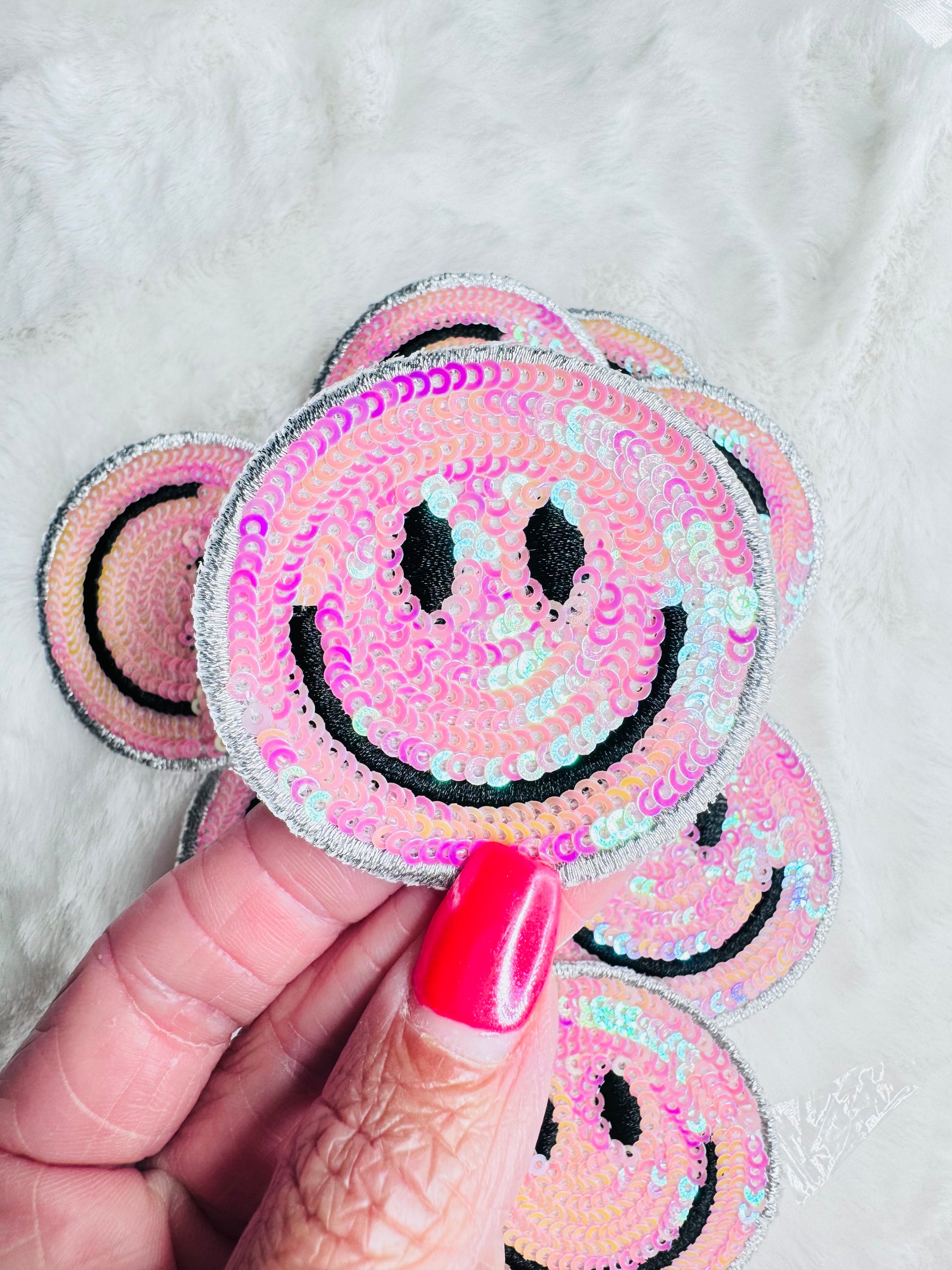 Light pink sequin smiley face patch