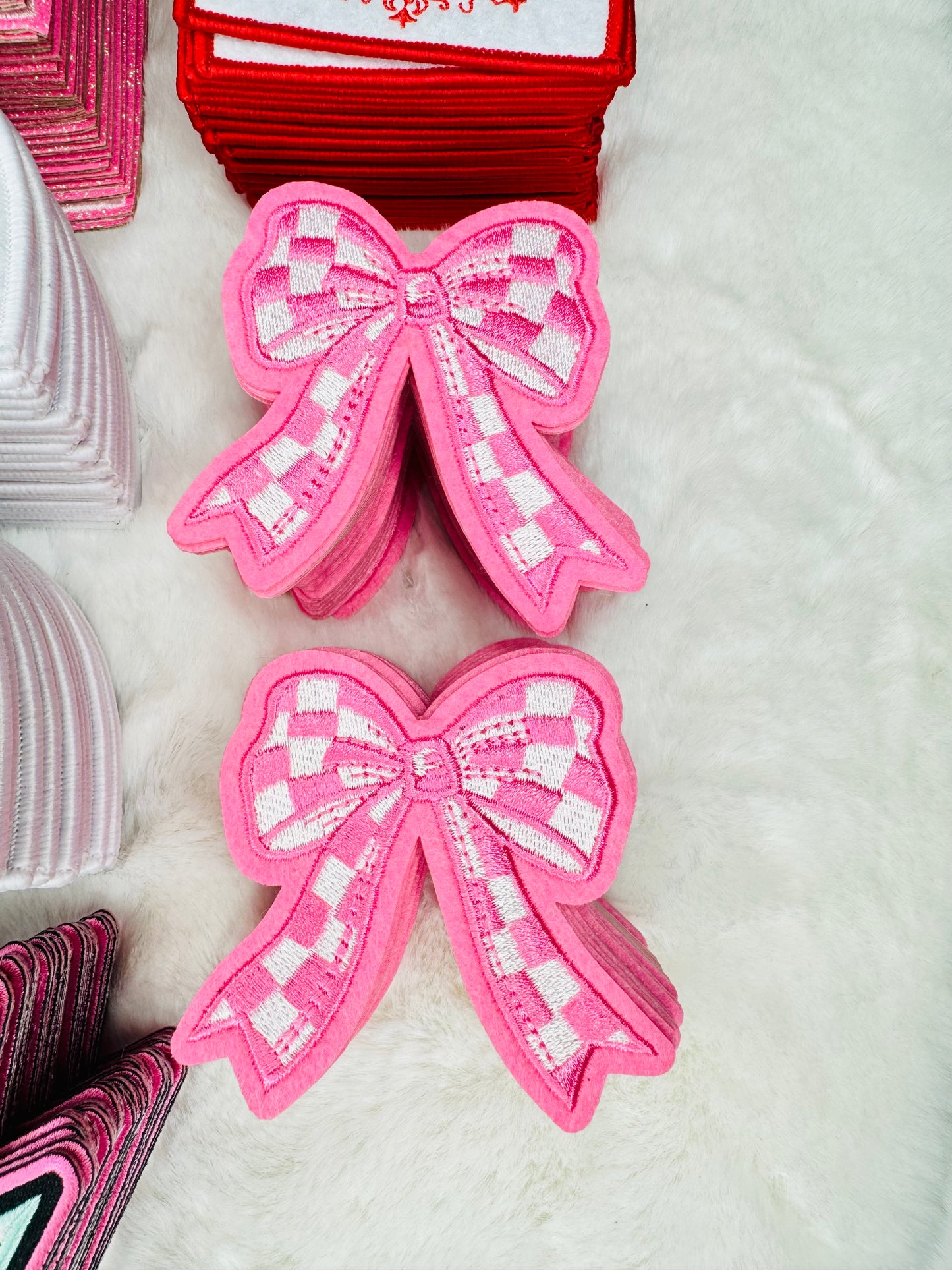 Pink Checkered Coquette Bow Embroidered Patch