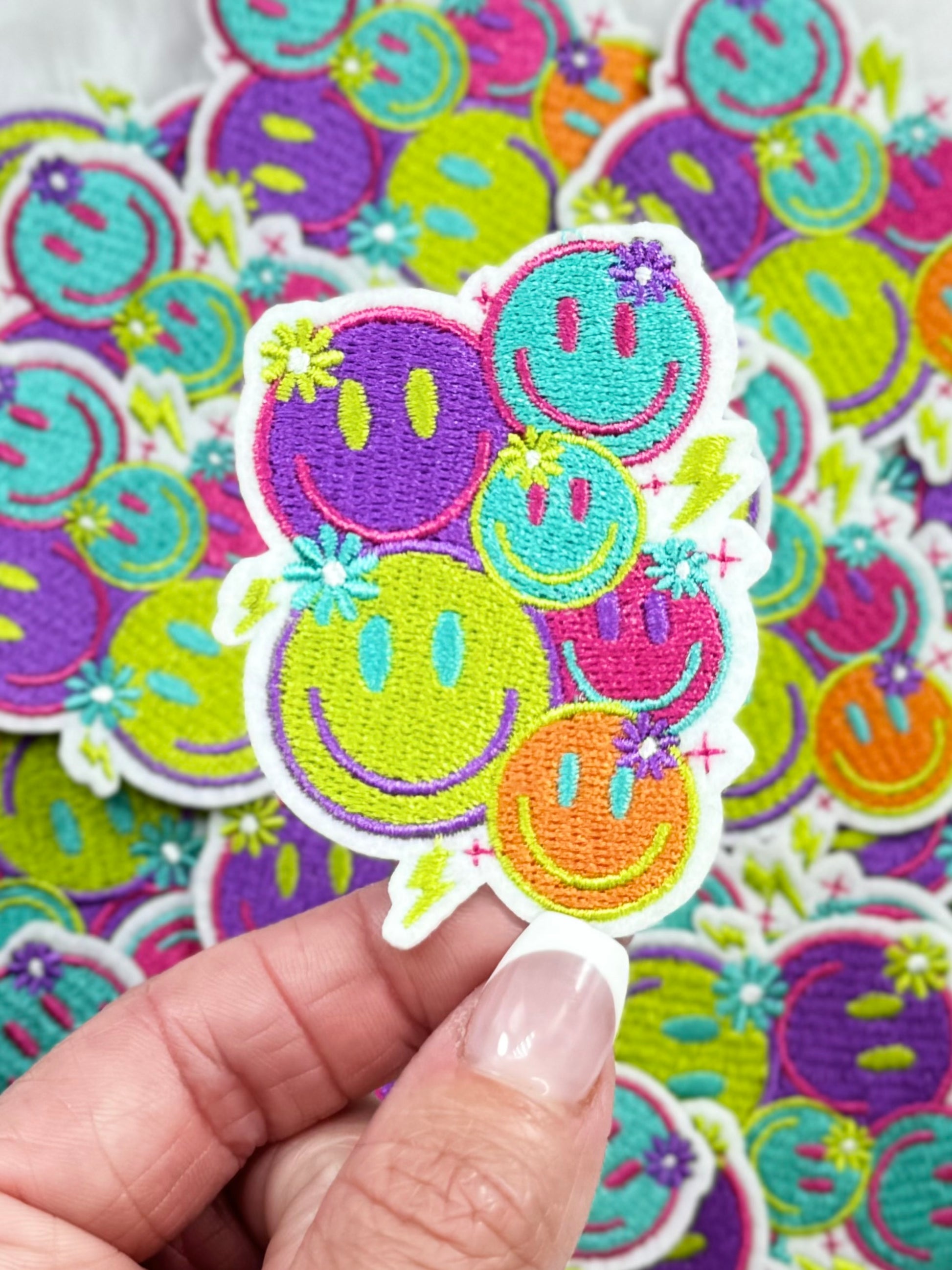 Neon Smiley Face Embroidered Patch