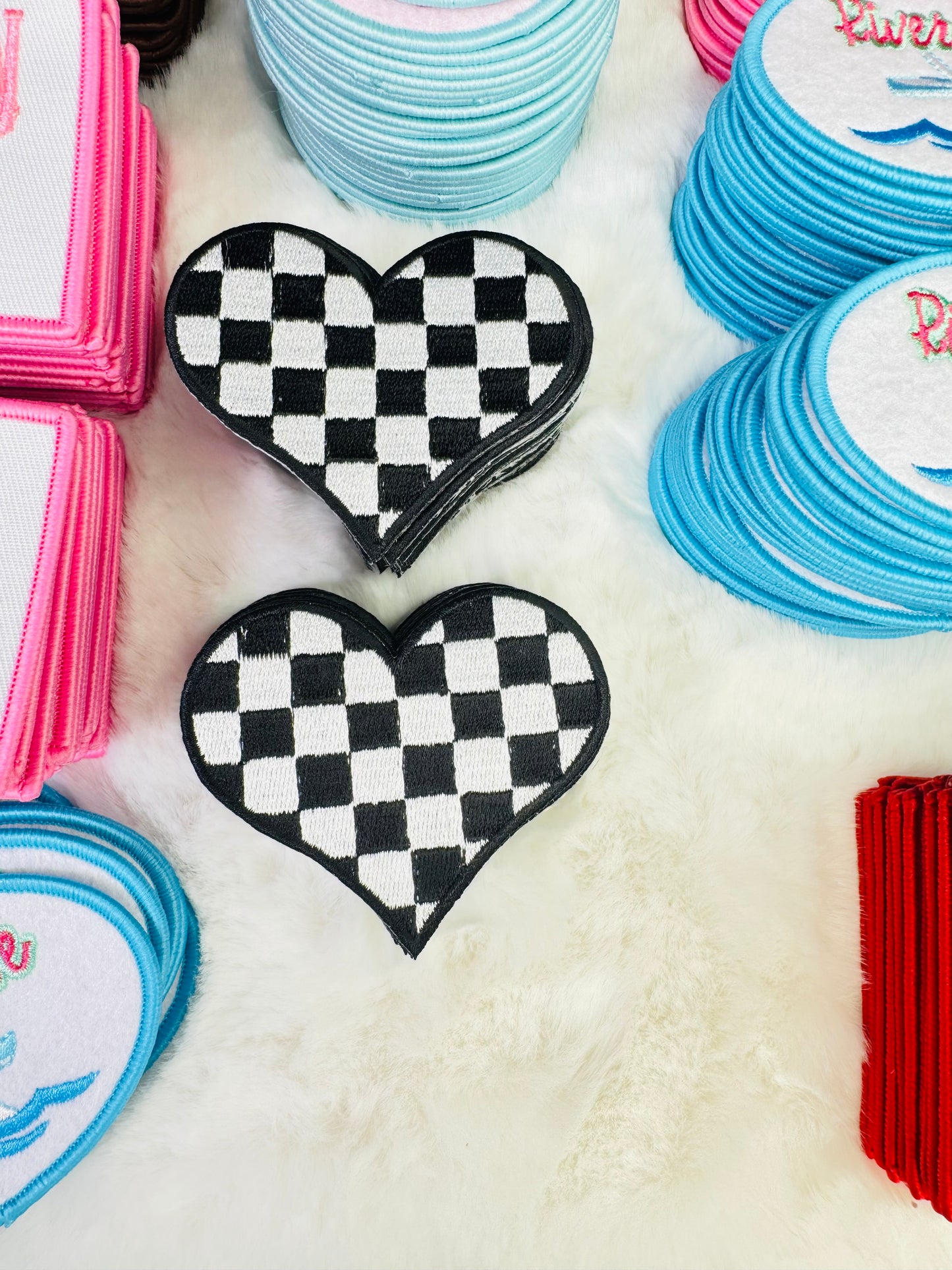 Black & White Checkered Heart Embroidered Patch