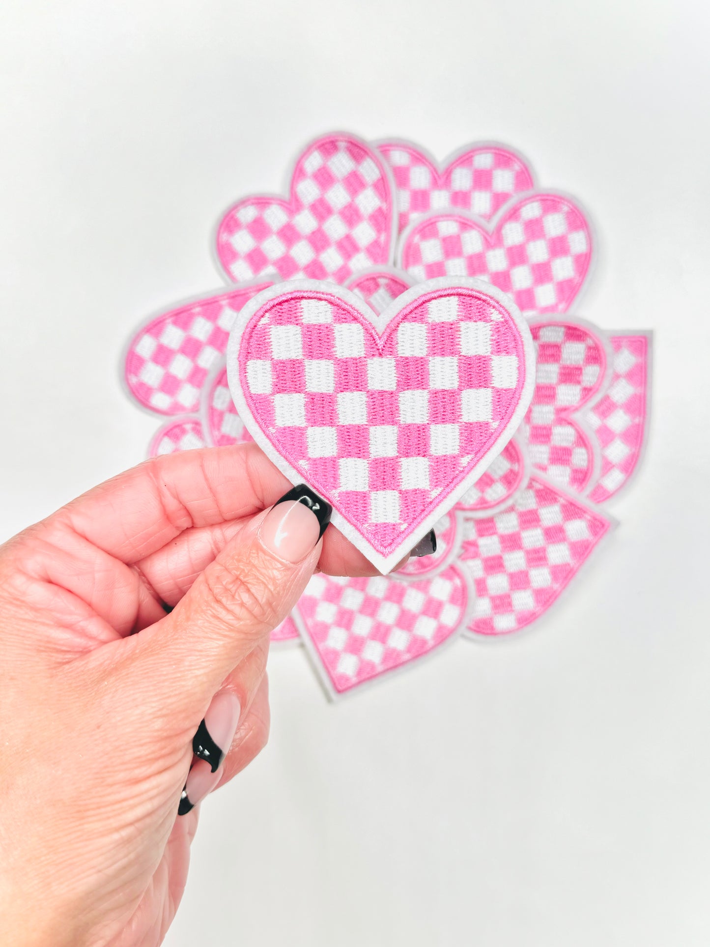 Lovely Light Pink and White Checkered Heart Embroidered Patch