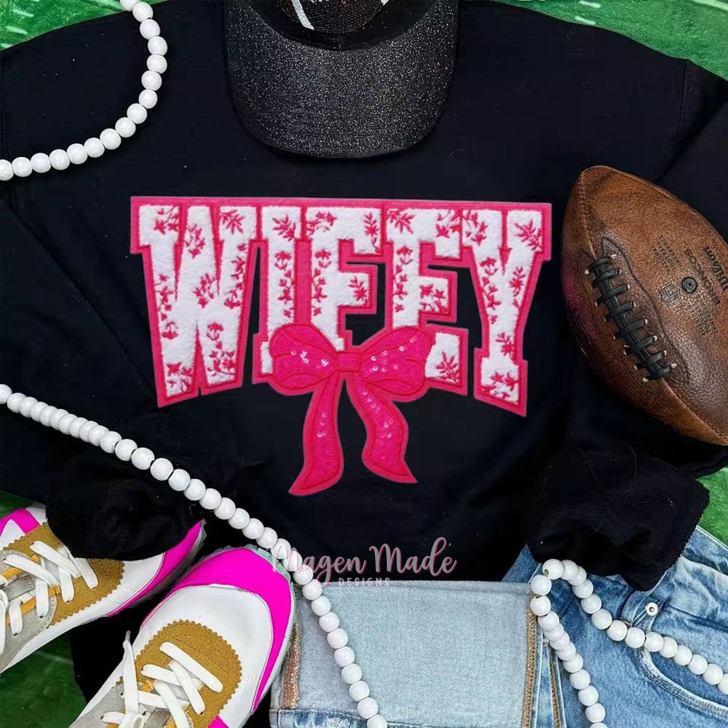 Pink Wifey With Bow Chenille & Sequins Patch