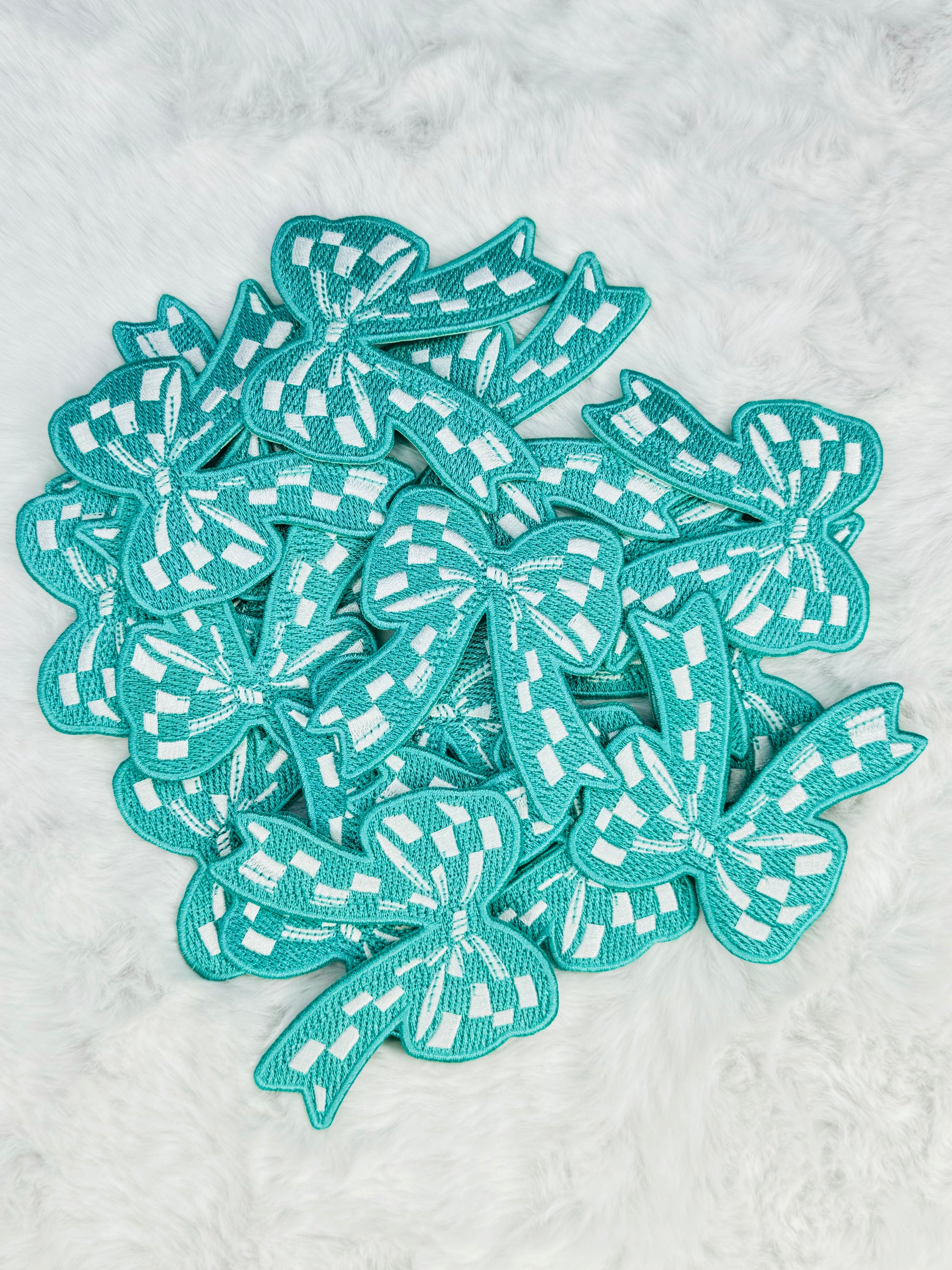 Teal and White Checkered Coquette Bow Embroidered Patch