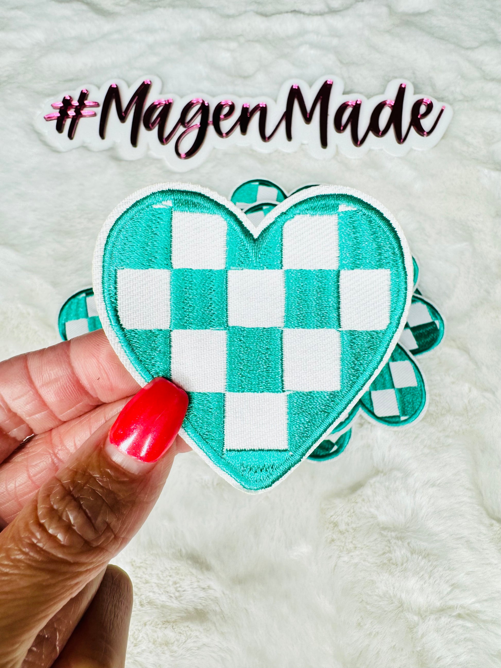 Teal and White Checkered Heart Embroidered Patch