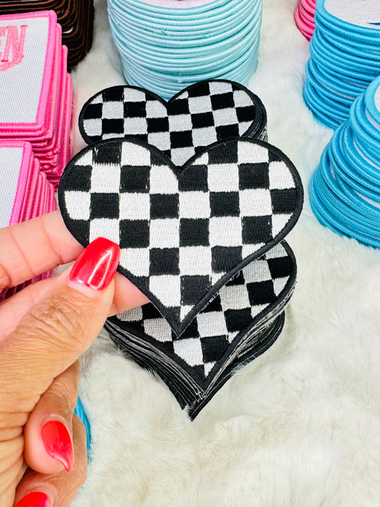 Black & White Checkered Heart Embroidered Patch