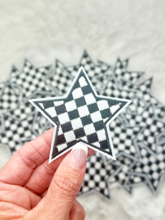 Black and White Plaid Star Embroidered Patch