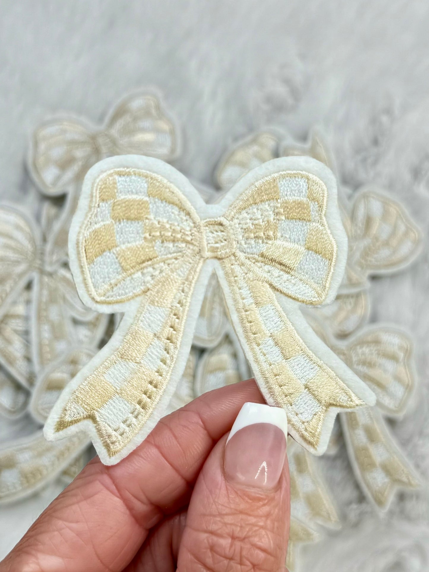 Tan & White Checkered Coquette Bow Embroidered Patch