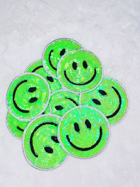 Neon green sequin smiley face patch 