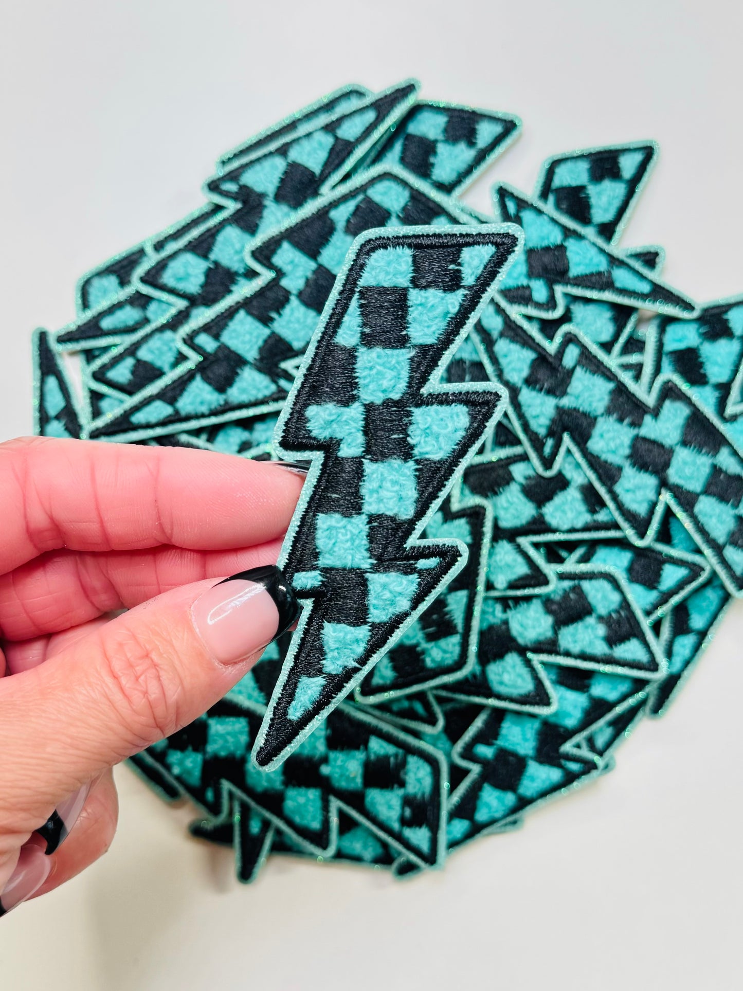 Teal & Black Checkered Lightning Bolt Embroidered Patch