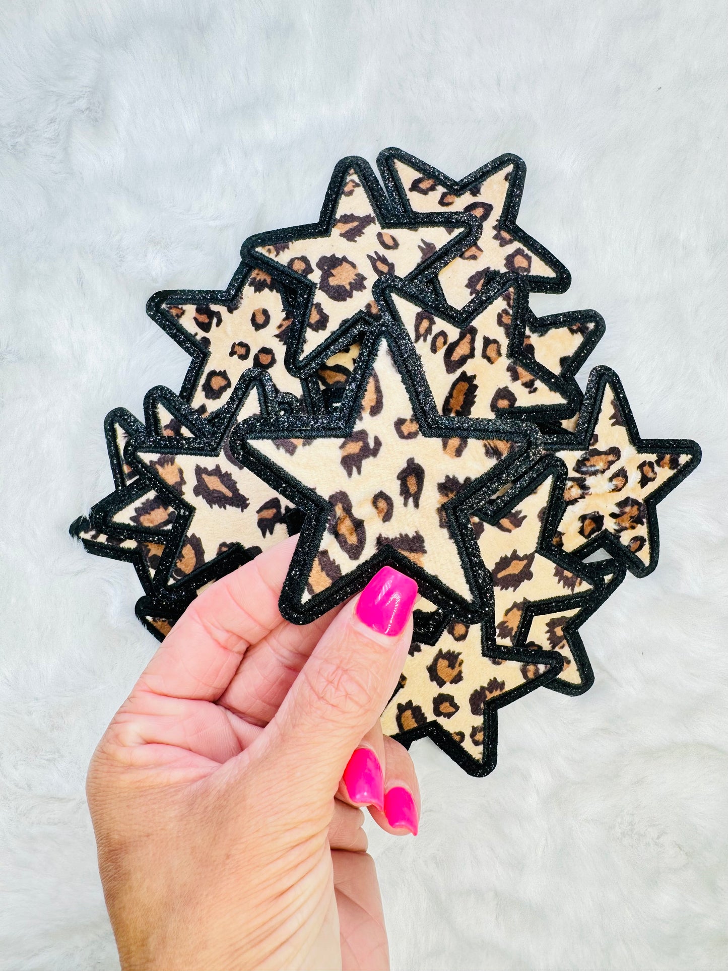 Leopard Star With Black Glitter Embroidered Patch