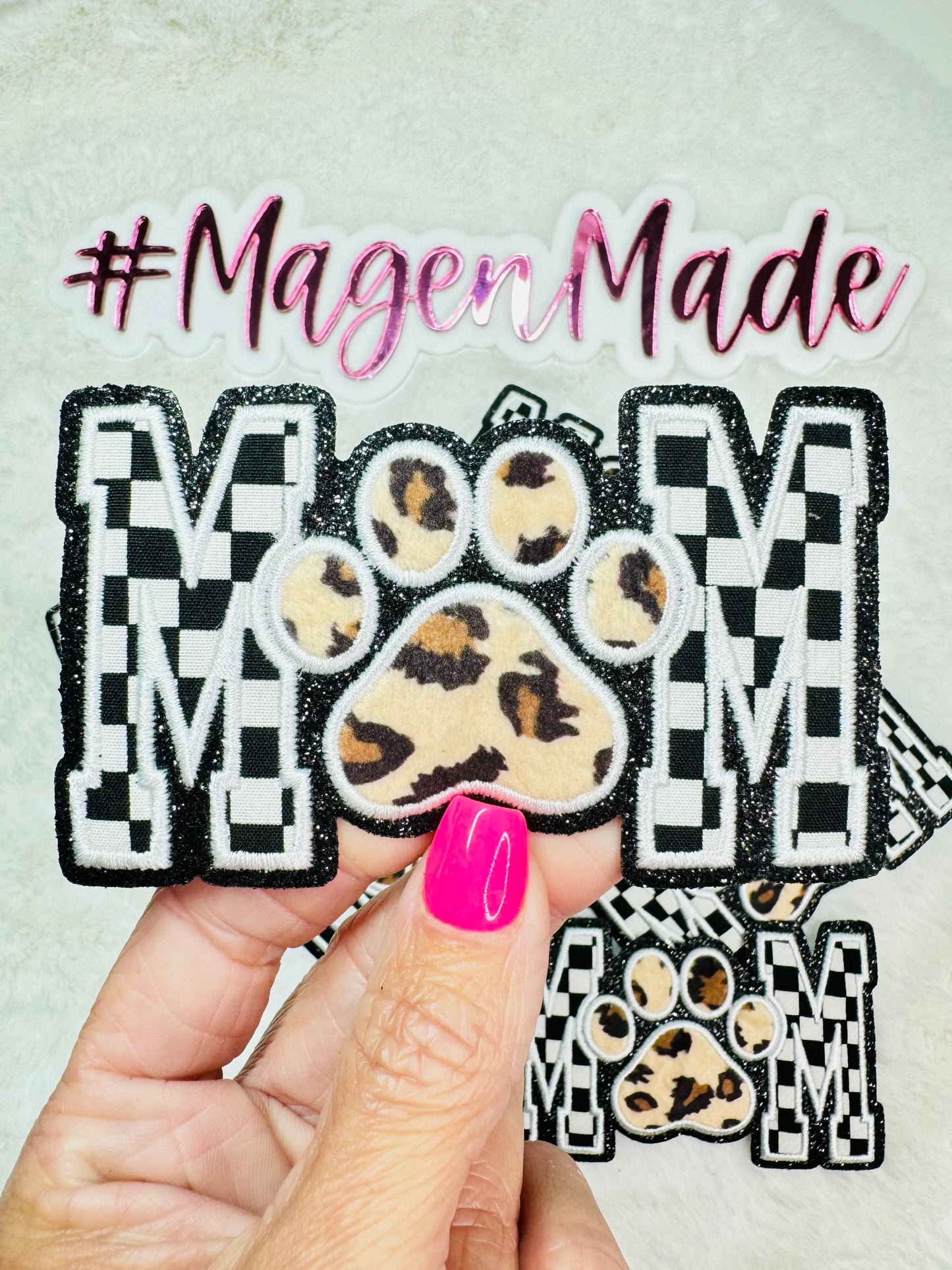 Checkered Mom With Leopard And Glitter Paw Embroidered Patch