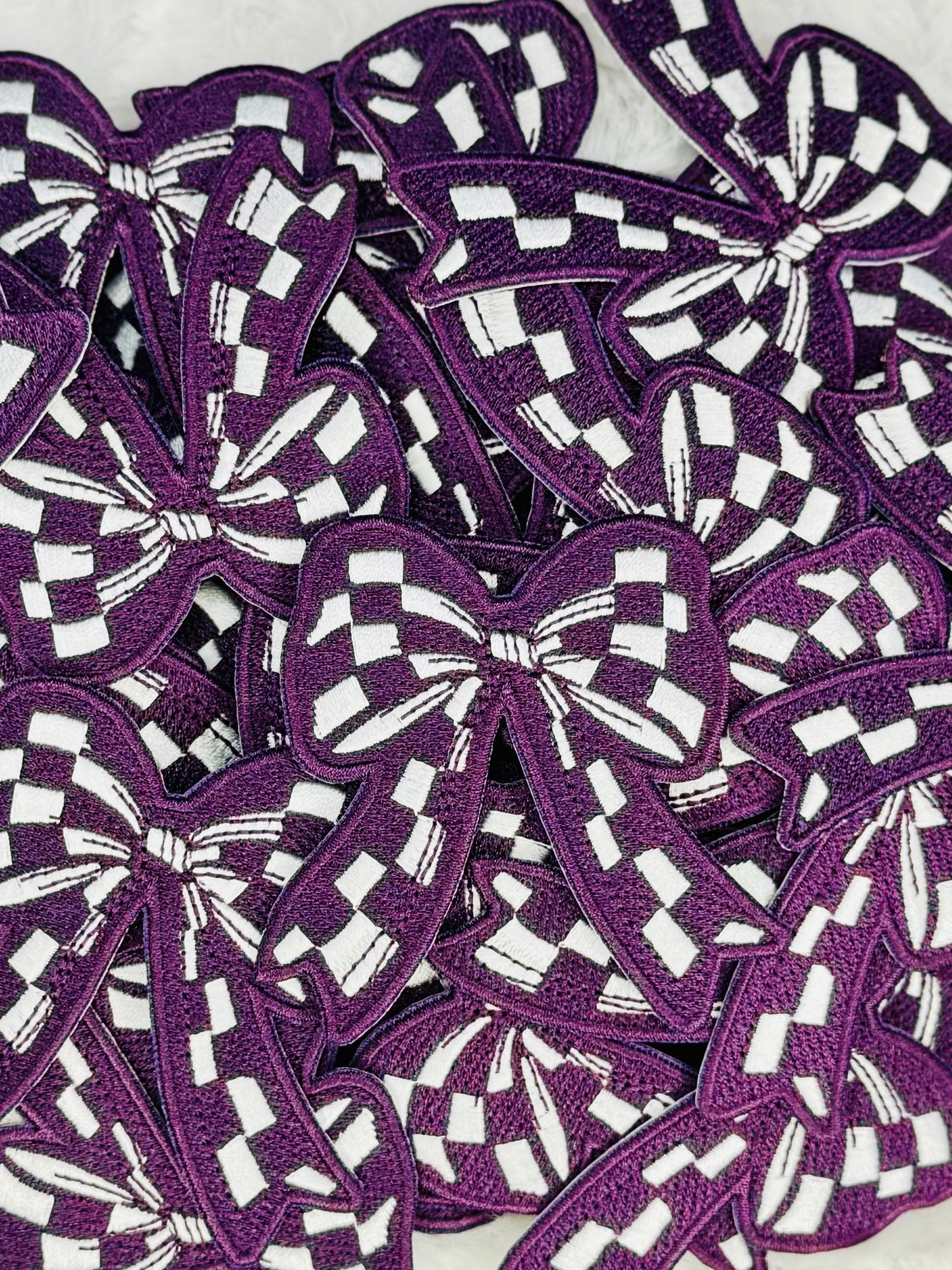 Purple & White Checkered Coquette Bow Embroidered Patch