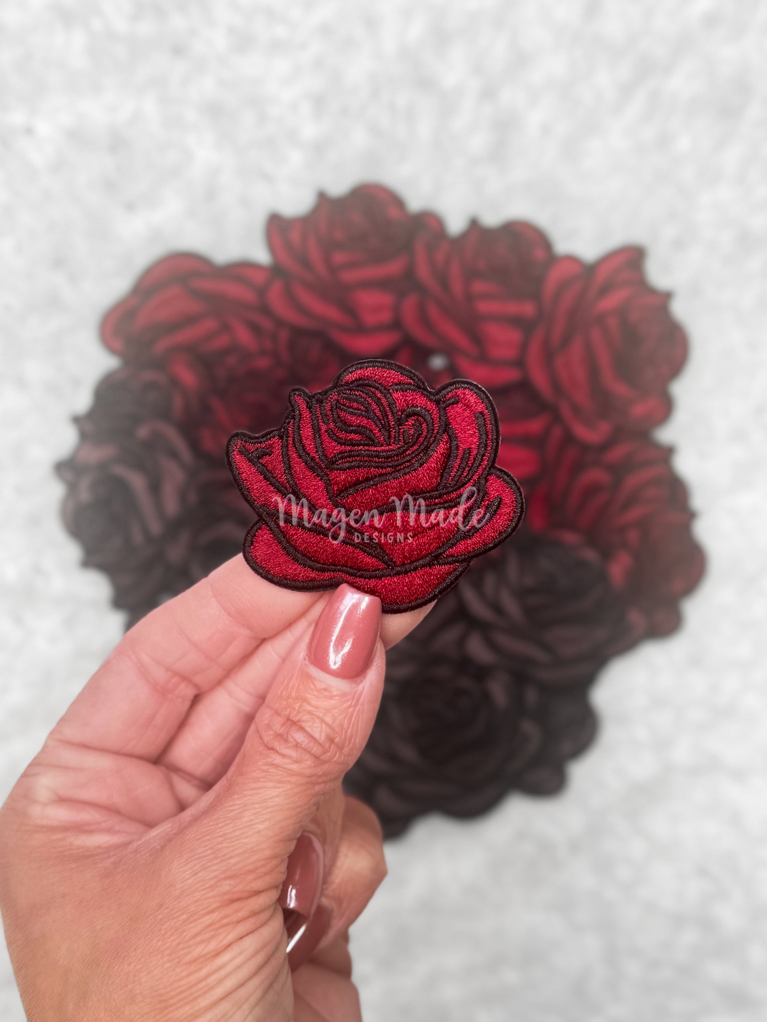 Dark red rose embroidered patch