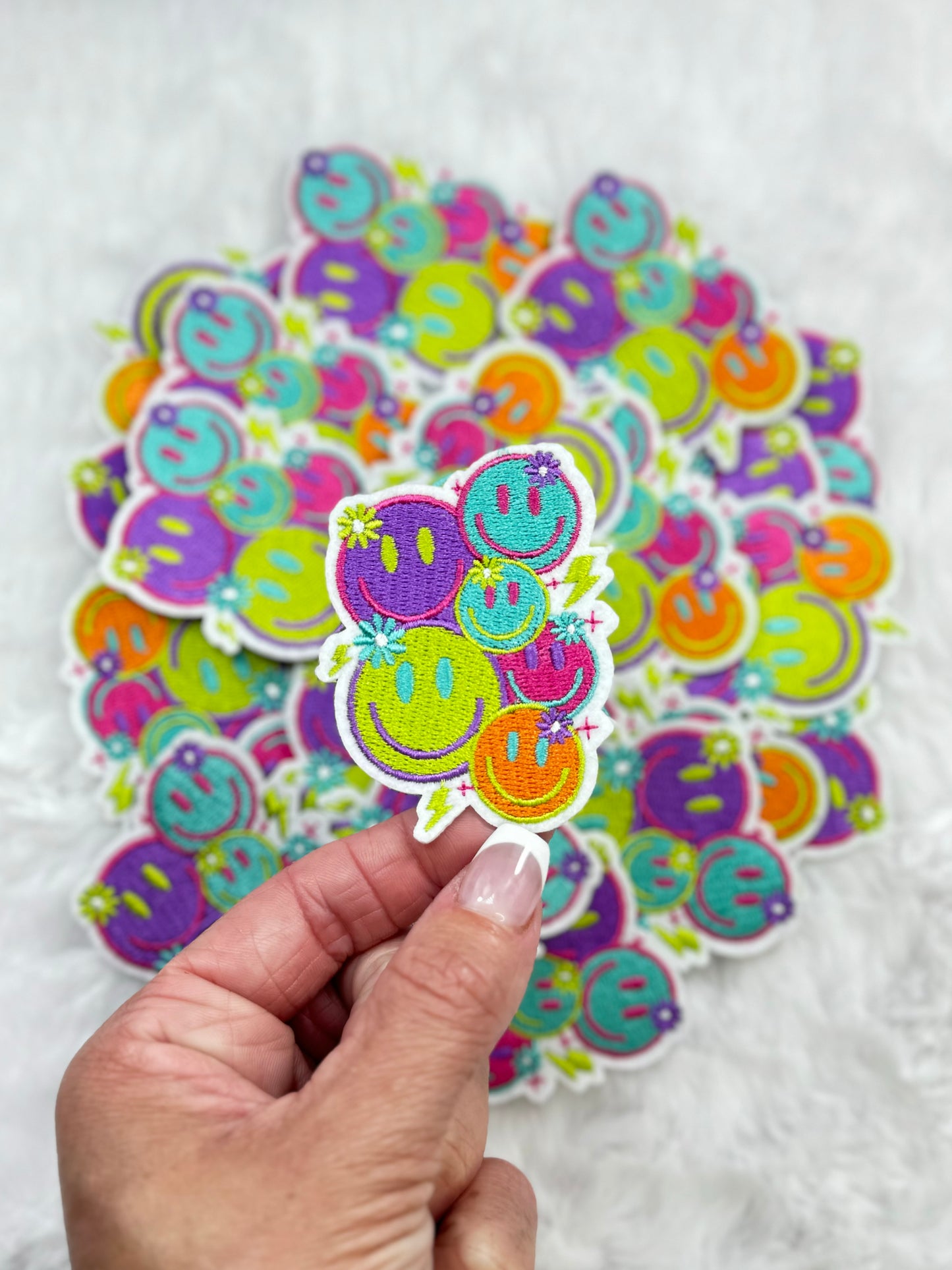 Neon Smiley Face Embroidered Patch