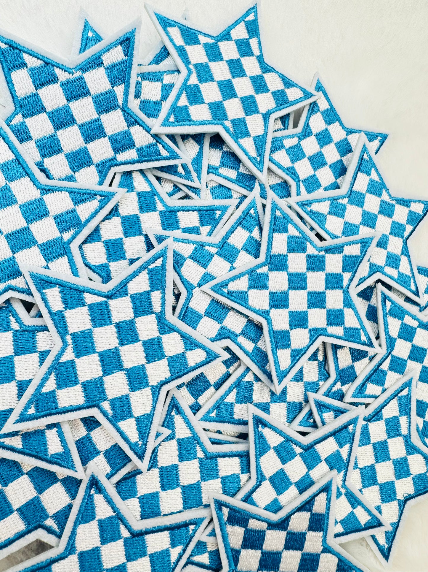 Blue and White Plaid Star Embroidered Patch
