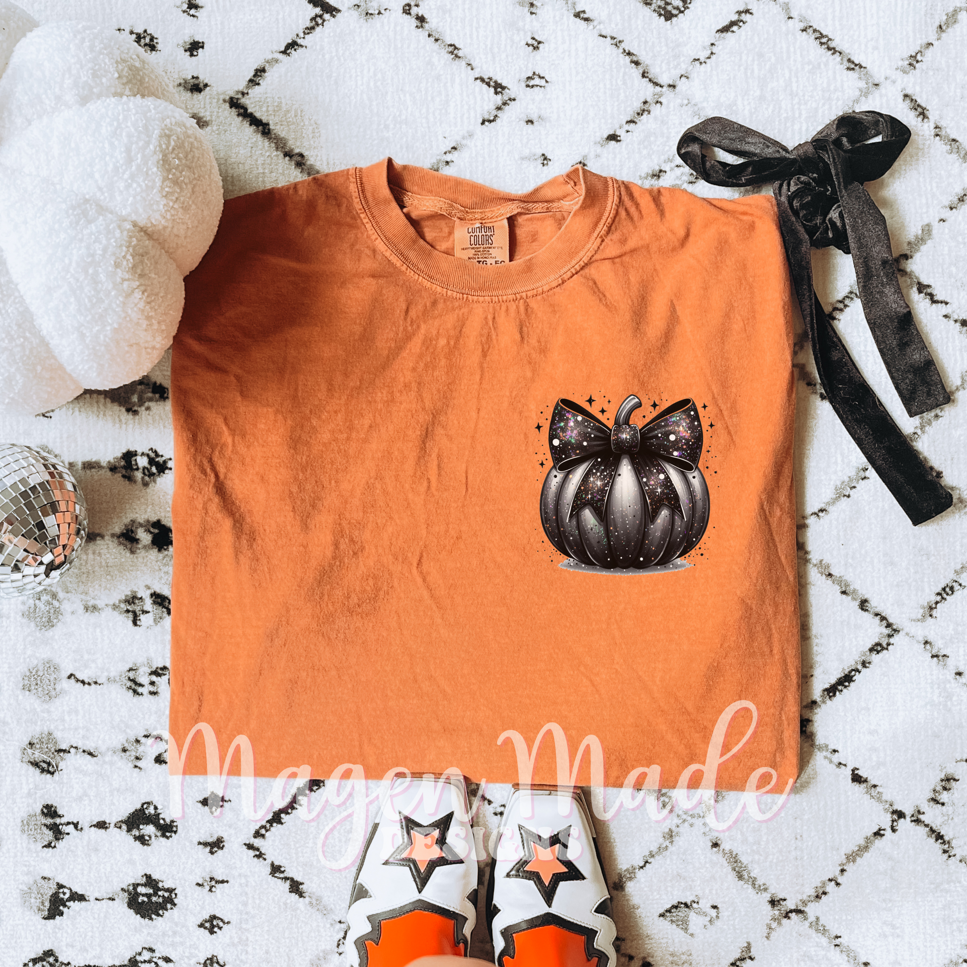 Black Glitter Pumpkin Pocket/ Hat Size Screen Print Transfer