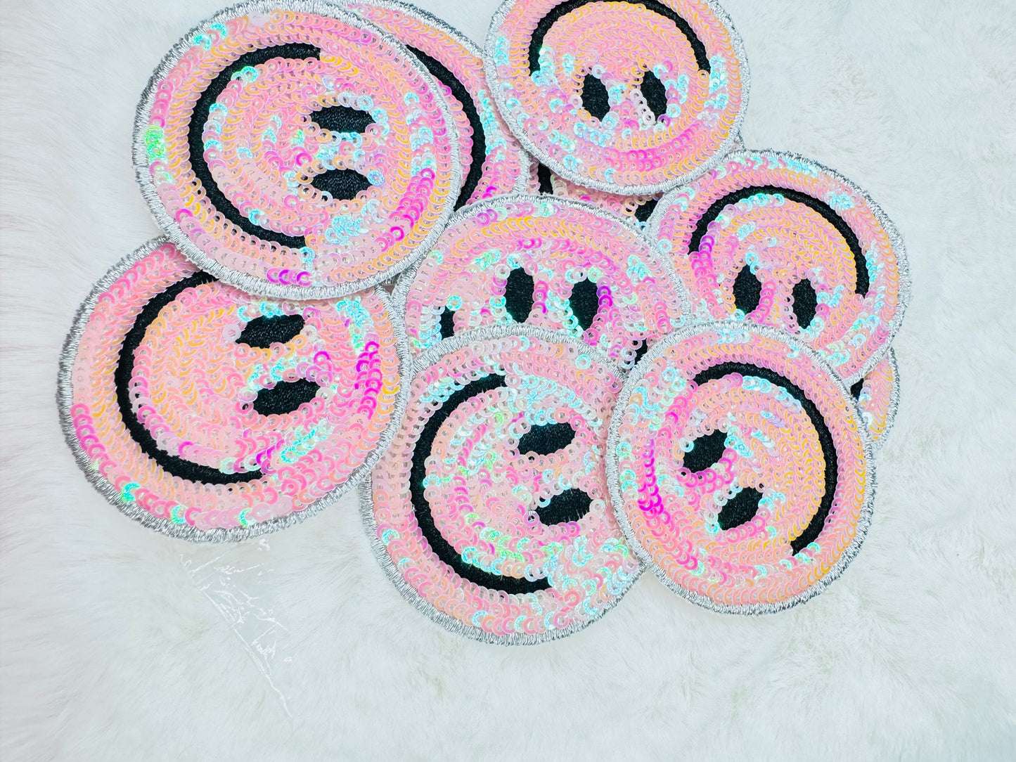 Light pink sequin smiley face patch