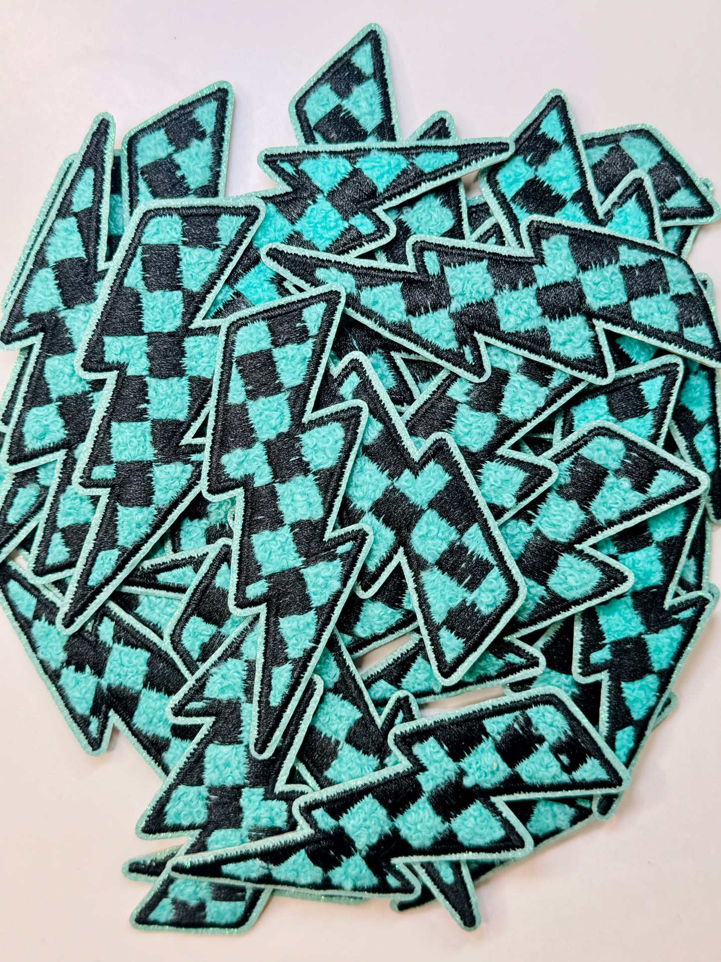 Teal & Black Checkered Lightning Bolt Embroidered Patch