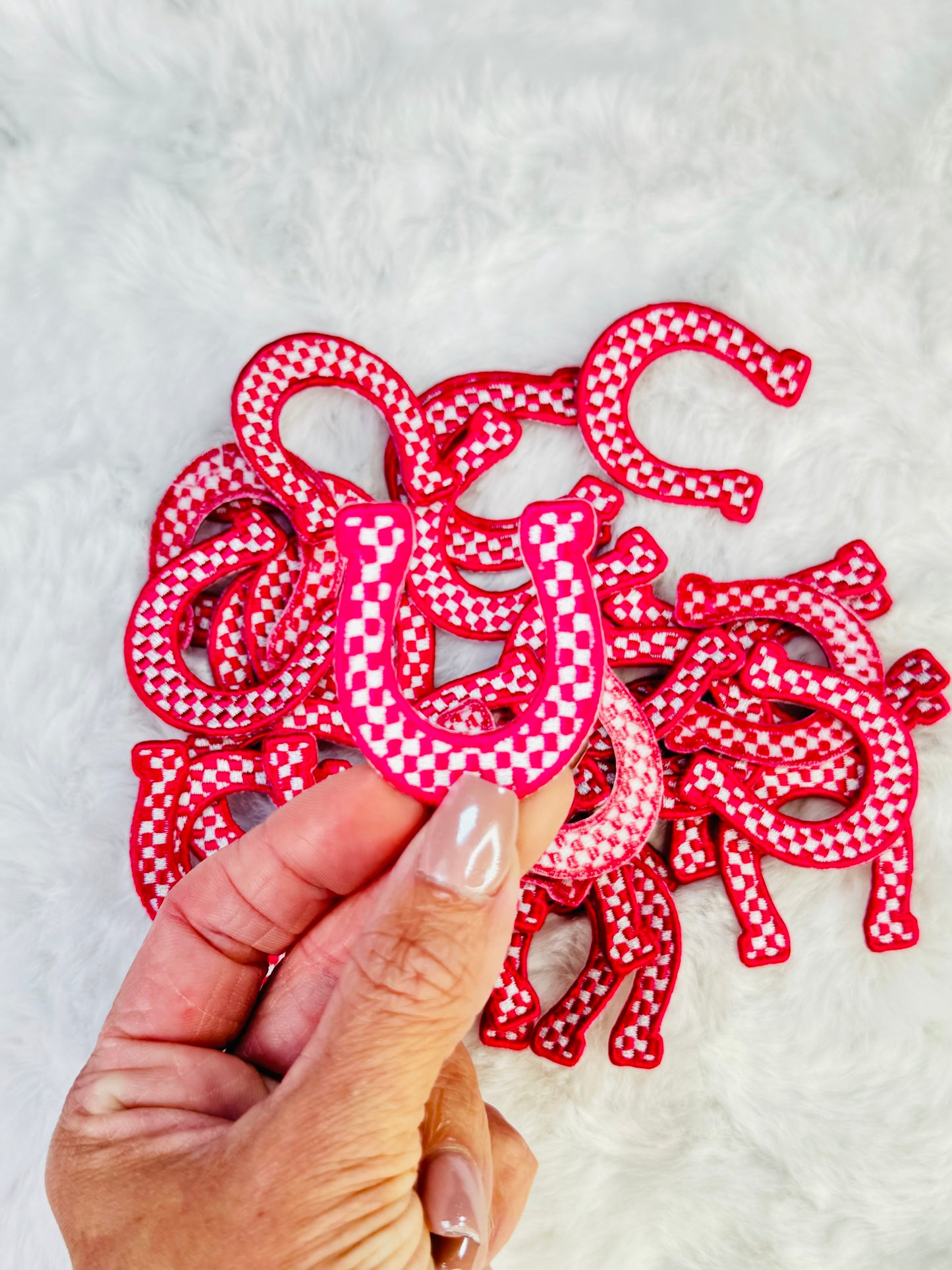 Pink & White Checkered Mini Horseshoe Embroidered Patch