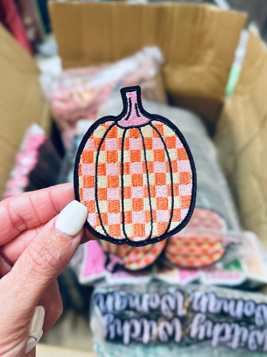 Pink Plaid Pumpkin Embroidered Patch