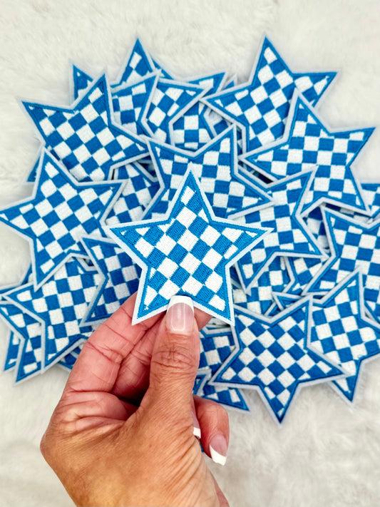 Blue and White Plaid Star Embroidered Patch