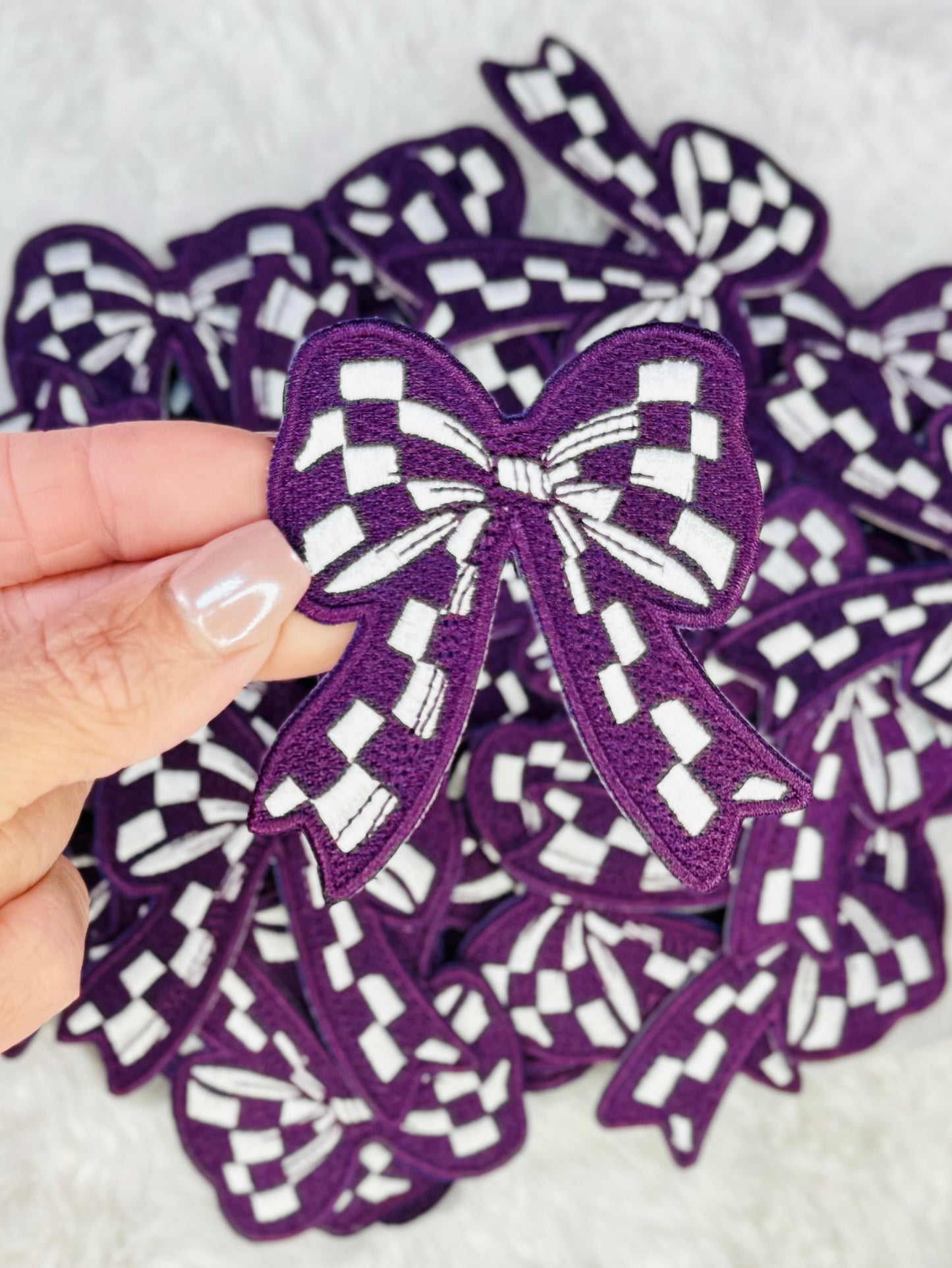 Purple & White Checkered Coquette Bow Embroidered Patch