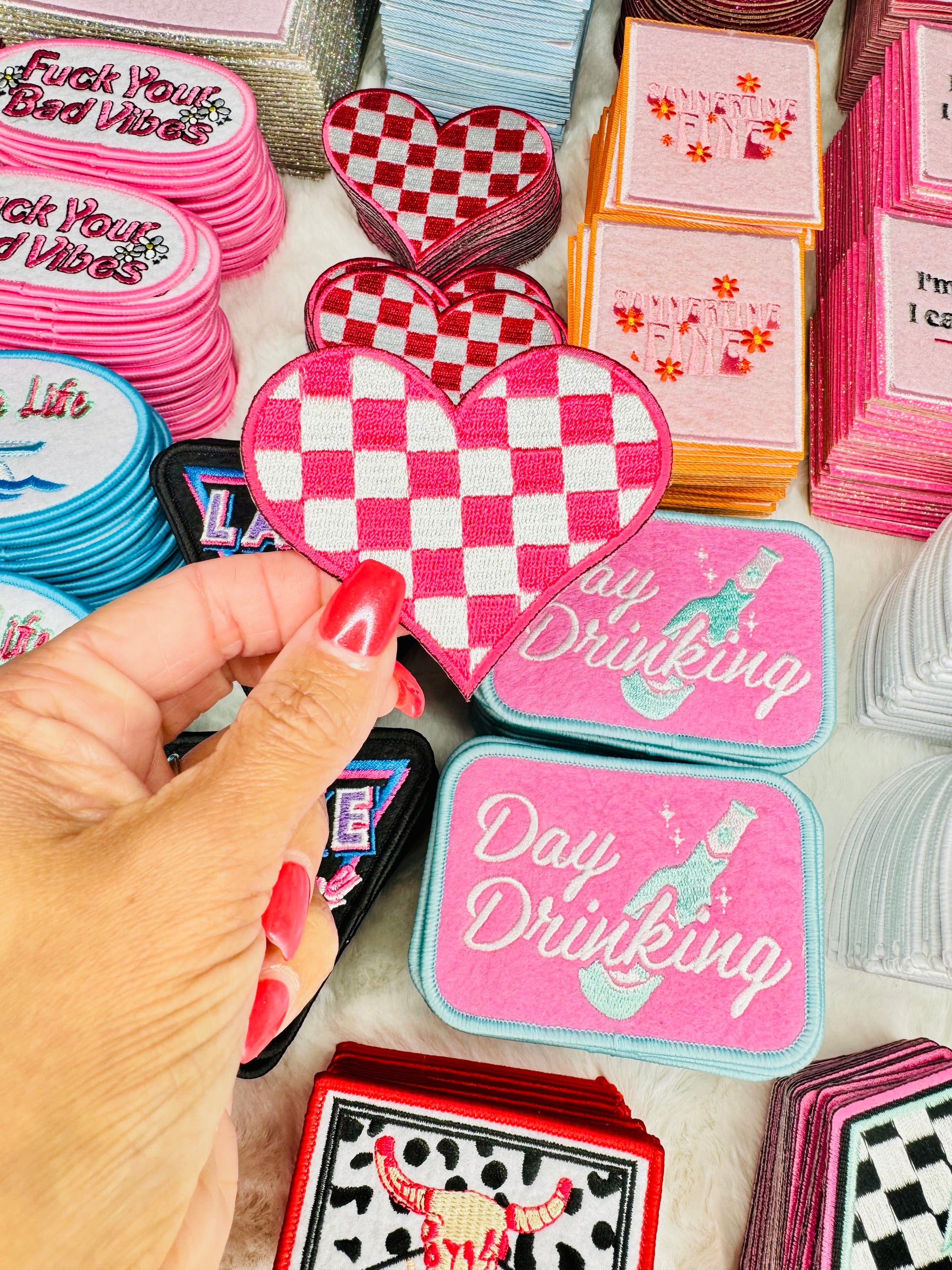 Pink & White Checkered Heart Embroidered Patch