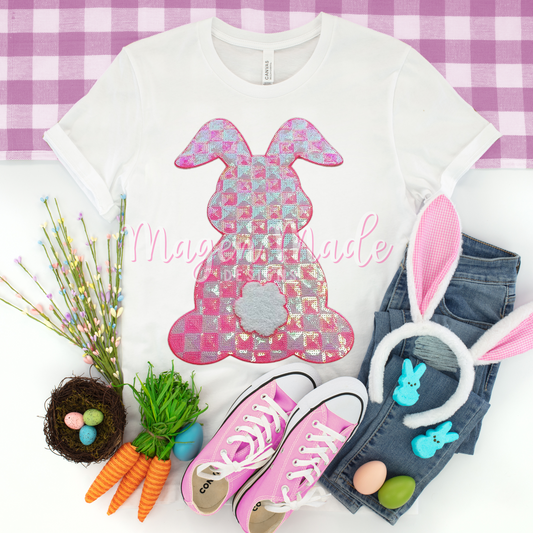 Pink Checkered Bunny Sequins Patch