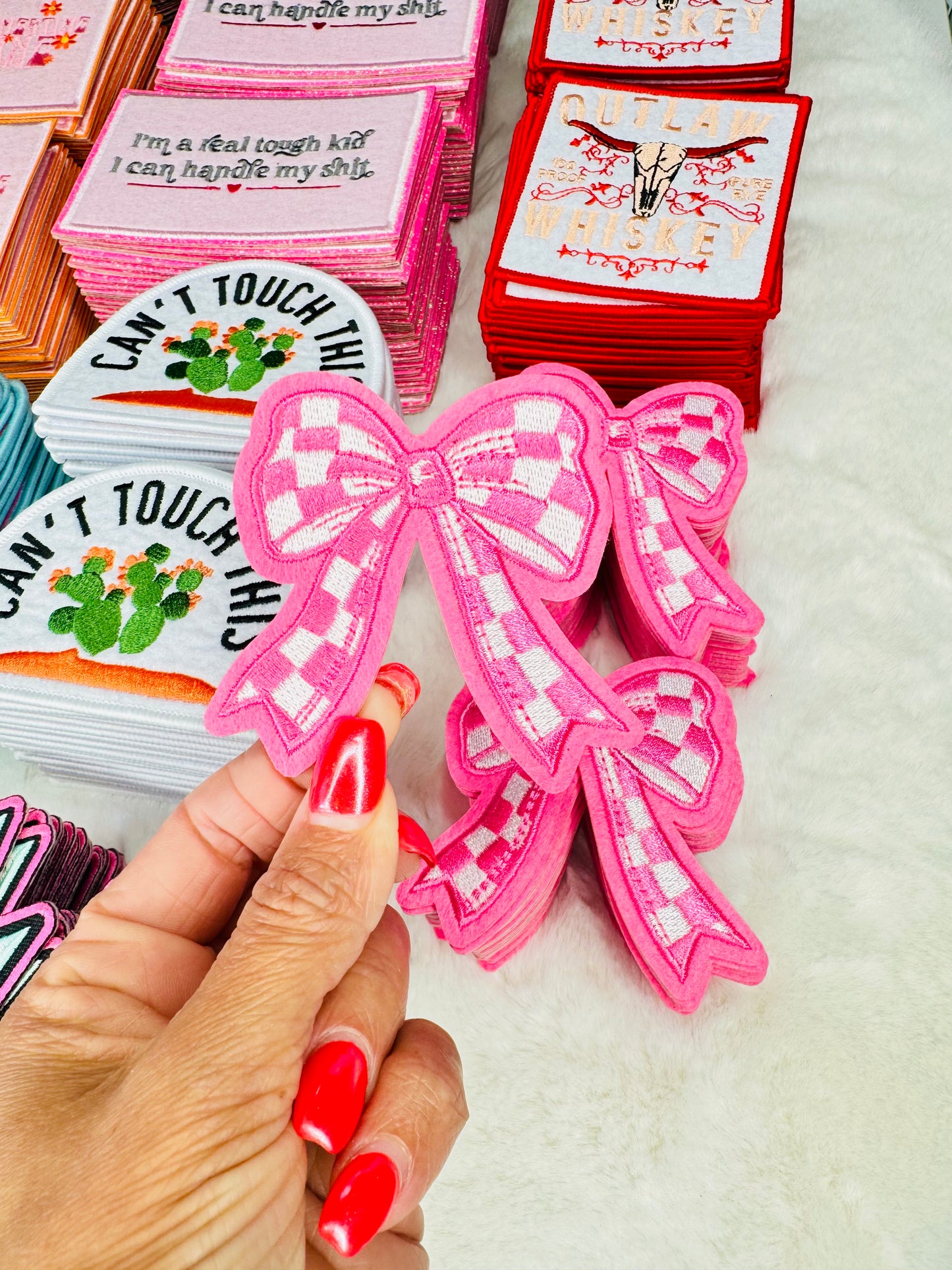 Pink Checkered Coquette Bow Embroidered Patch