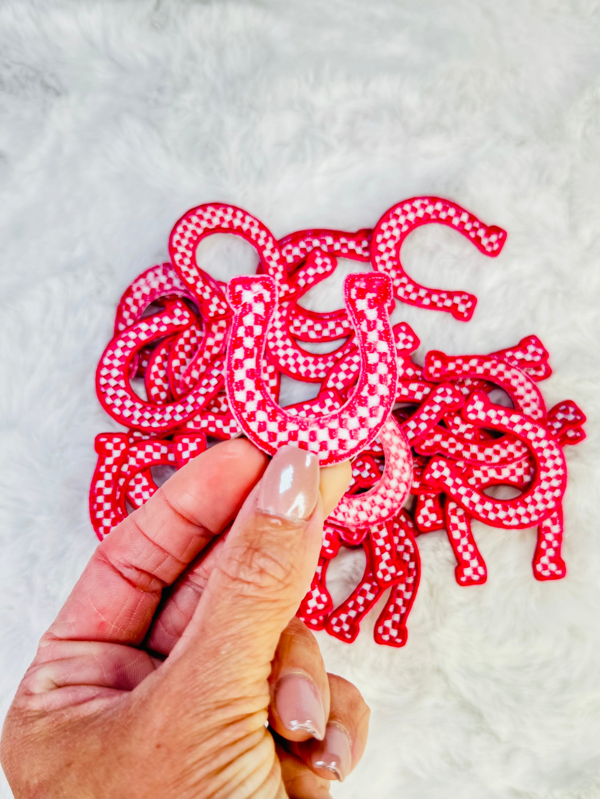 Pink & White Checkered Mini Horseshoe Embroidered Patch