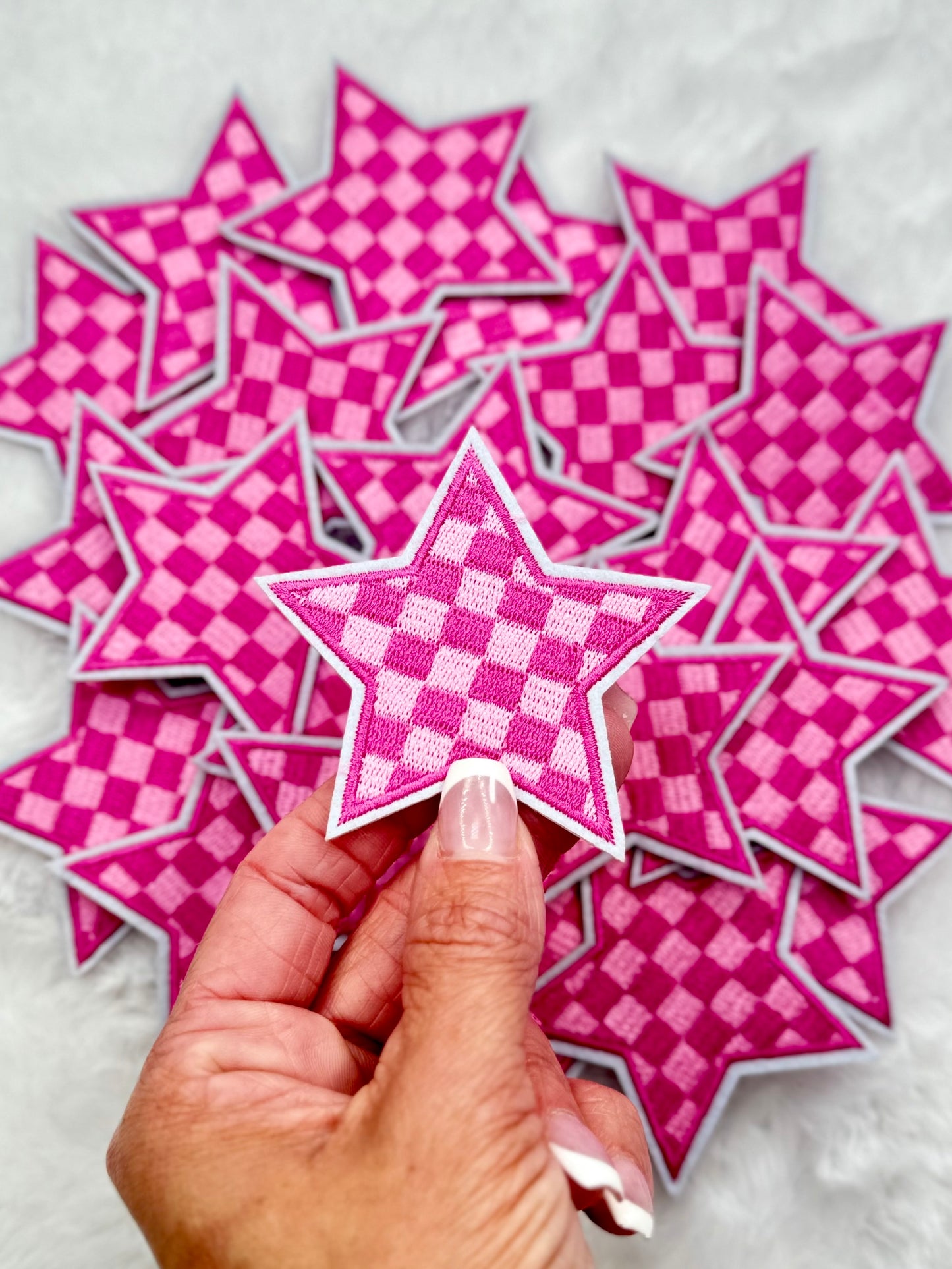 Pink Plaid Star Embroidered Patch