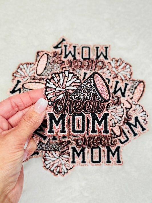 Cheer Mom Embroidered Pink and Glitter Patch